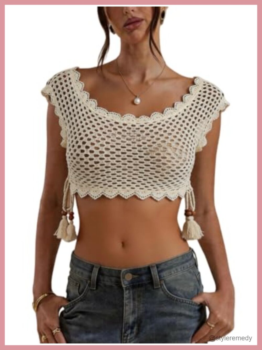 Women's Crochet Lace Trim Cap Sleeve Hollow Out Sheer Crop Top Boho Vacation